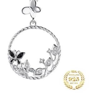 Butterfly Flower S925 Silver Pendant Natural Black Spinel Gemstone No Chain
